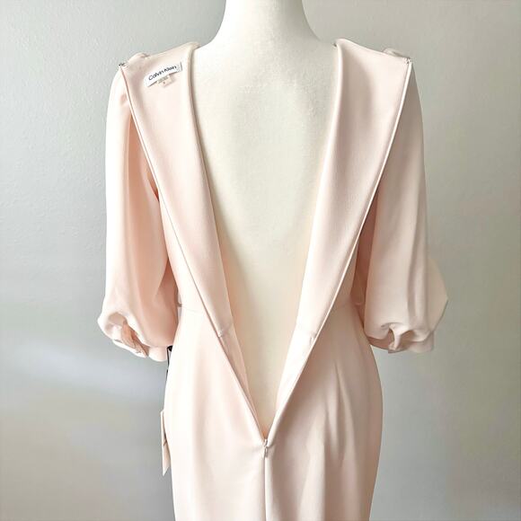 Calvin Klein Pale Peach Crepe Balloon Sleeve Belted Sheath women’s size 12 NEW - Picture 8 of 15
